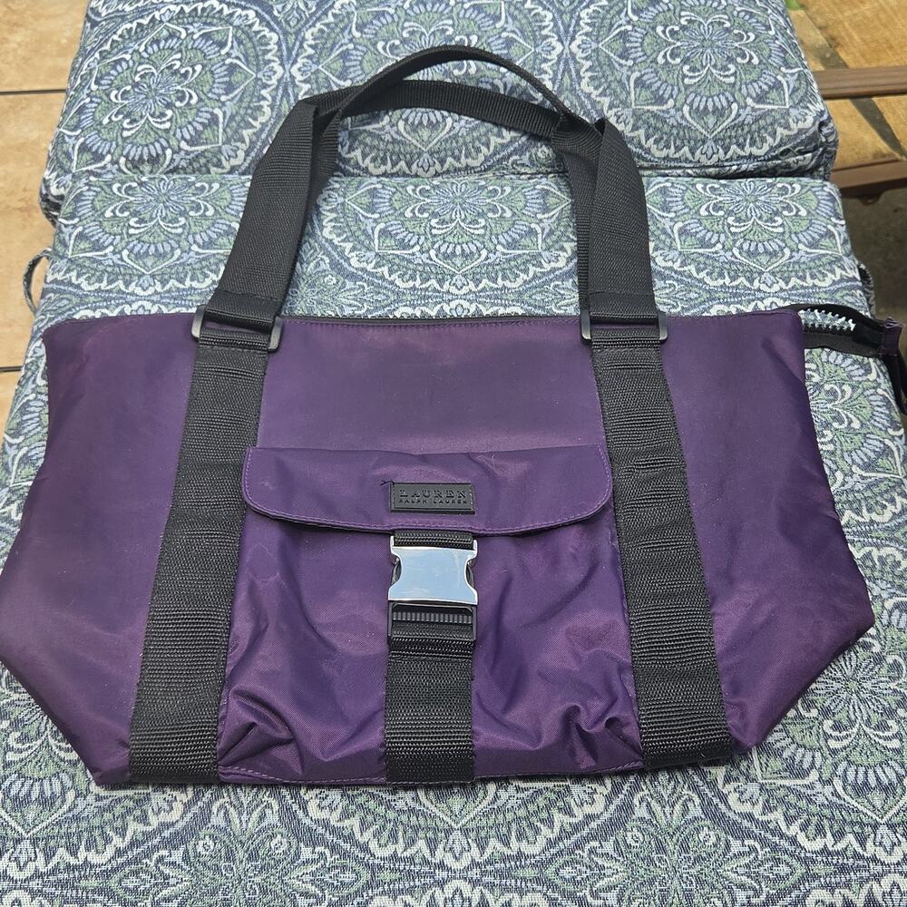 Vintage Ralph Lauren Purple Nylon Tote Y2K Sporty Bag Chunky Buckle With Straps